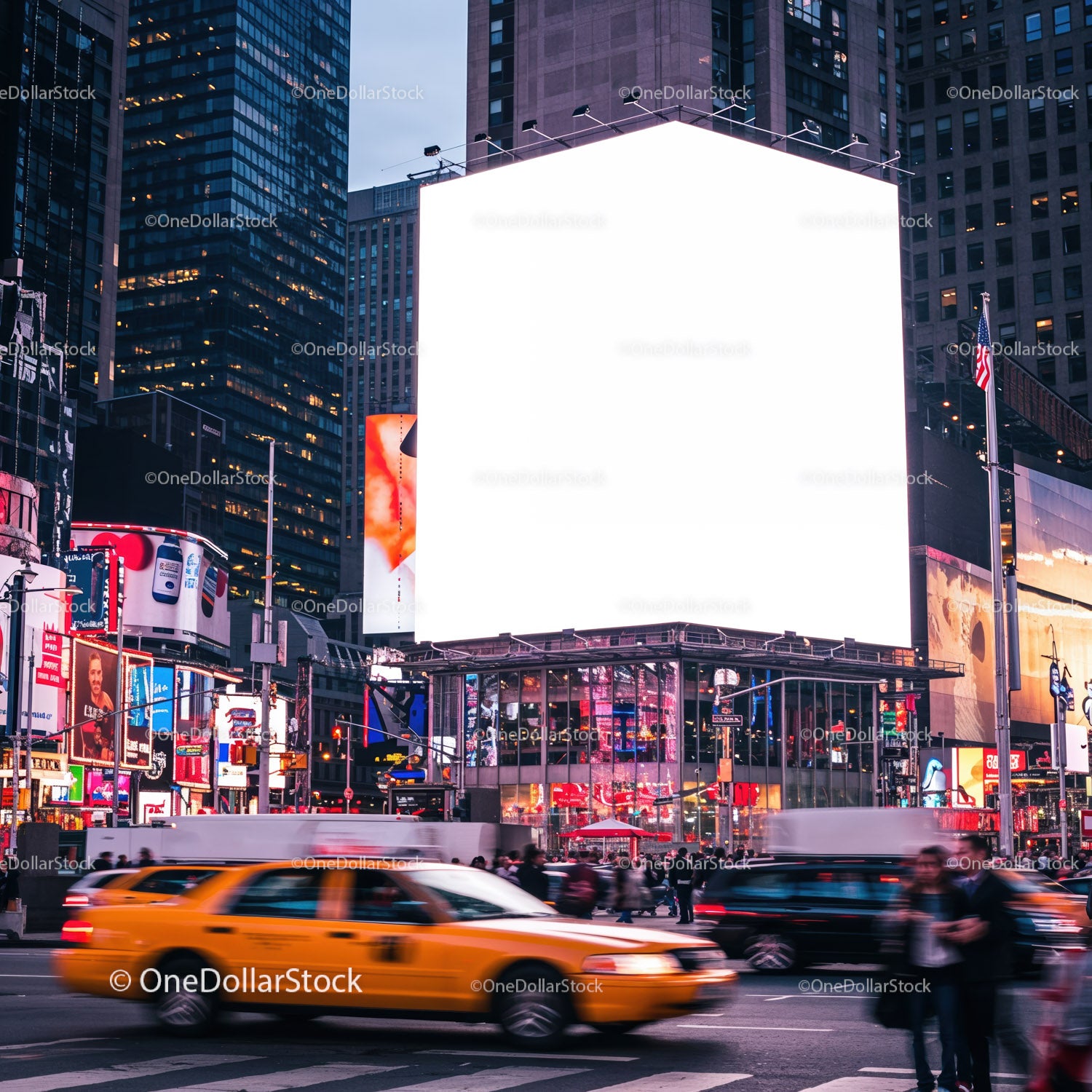 Ruchliwe skrzyżowanie z żółtą taksówką i jasnym billboardem