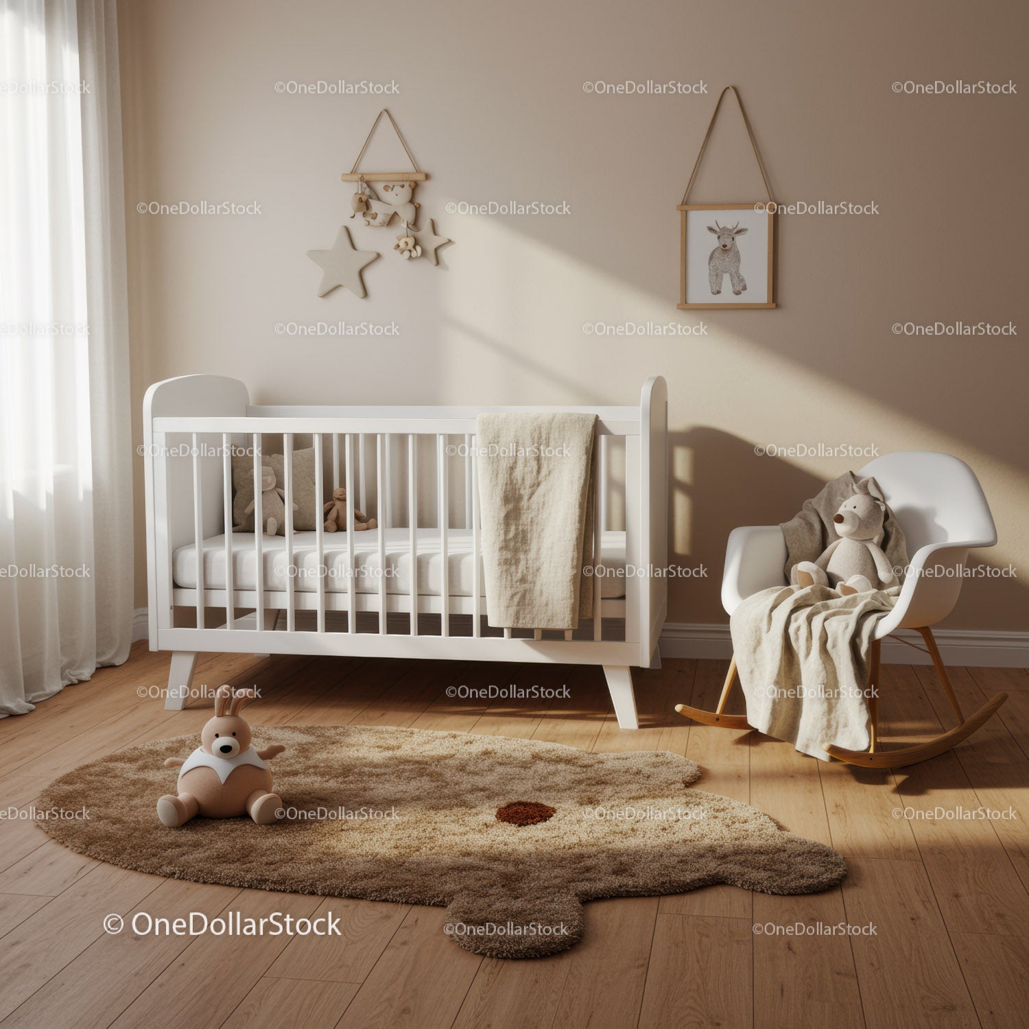 Cozy minimalist nursery with white crib and rocking chair