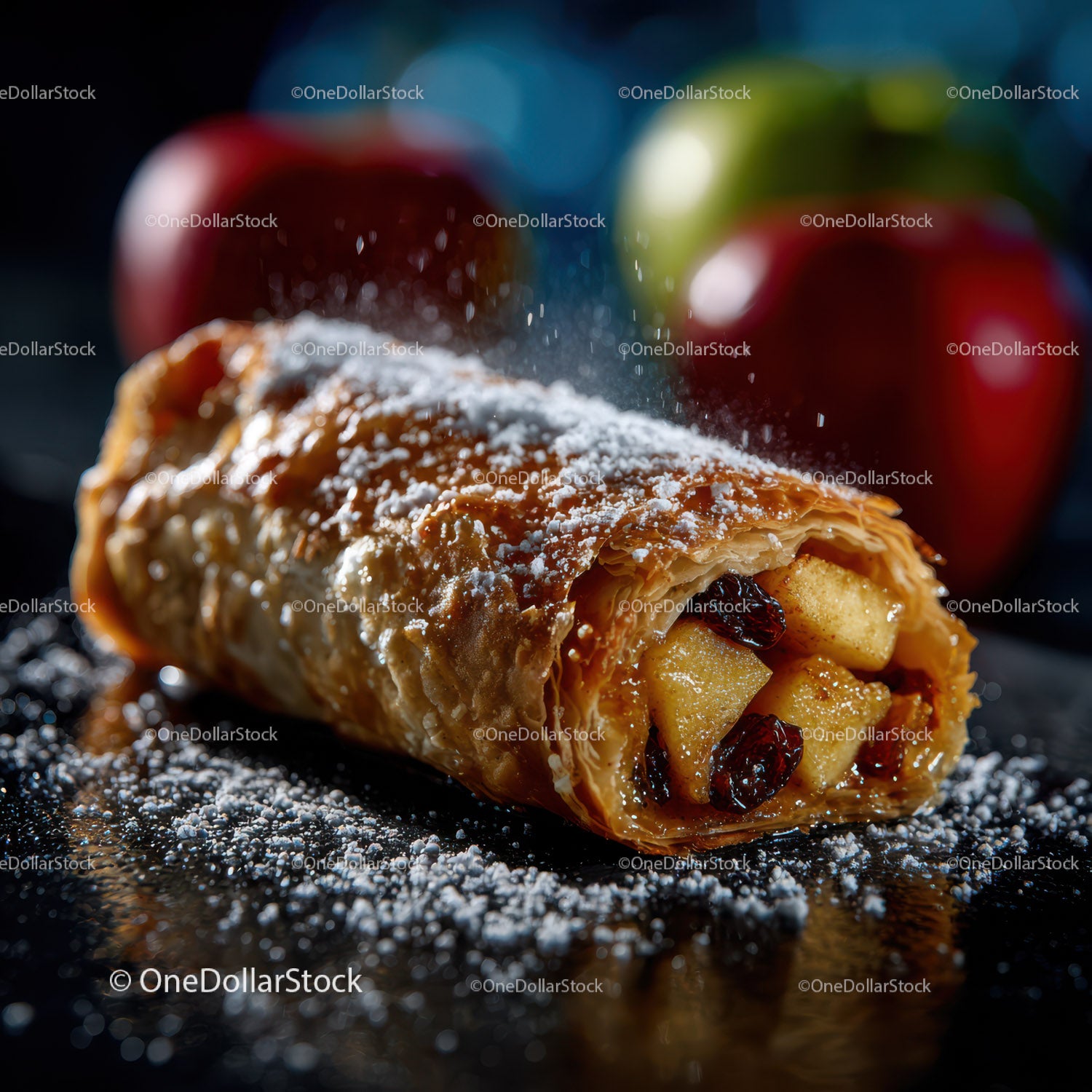Świeży strudel jabłkowy z cukrem pudrem i jabłkami w tle