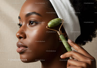 Elegant African Woman Using Jade Roller for Skin Rejuvenation