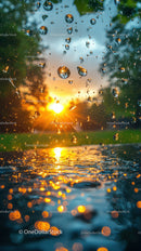 Sunset over Water with Raindrops and Reflections