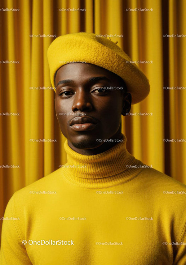 Stylish man in yellow beret and turtleneck sweater