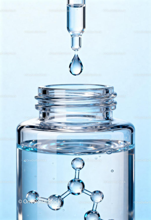 Serum drop with molecular structure in clear bottle