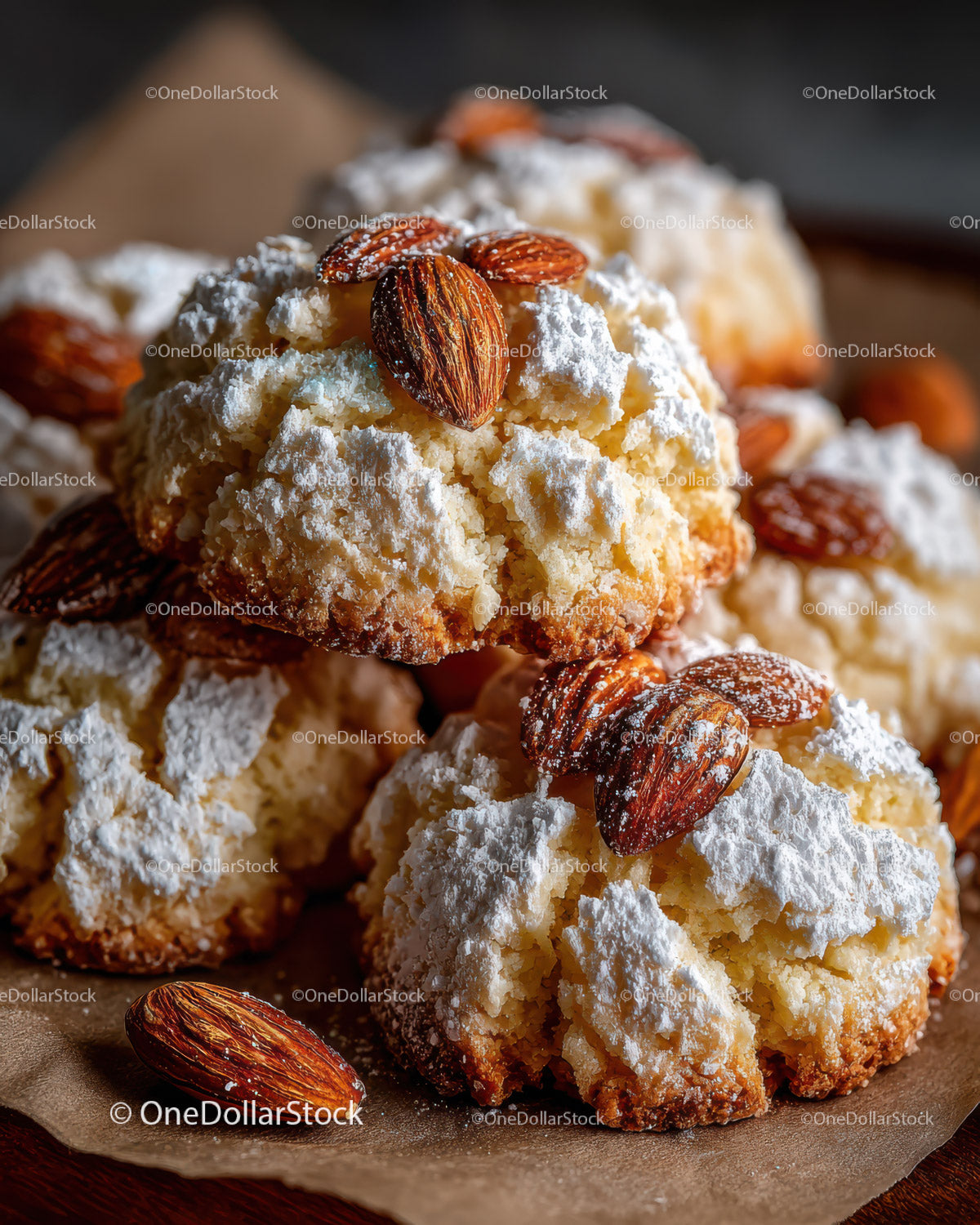 Golden Cream Puffs with Powdered Sugar and Almond Garnish for Dessert