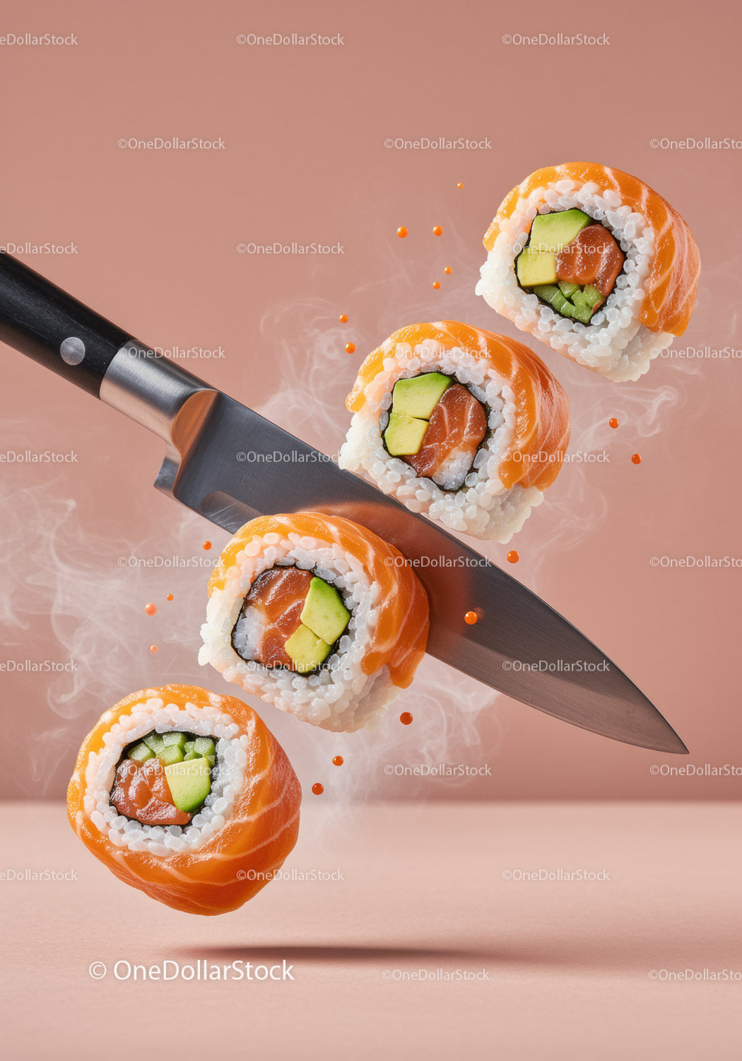 Fresh sushi rolls sliced by sharp chef knife