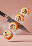 Fresh sushi rolls sliced by sharp chef knife