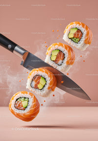 Fresh sushi rolls sliced by sharp chef knife