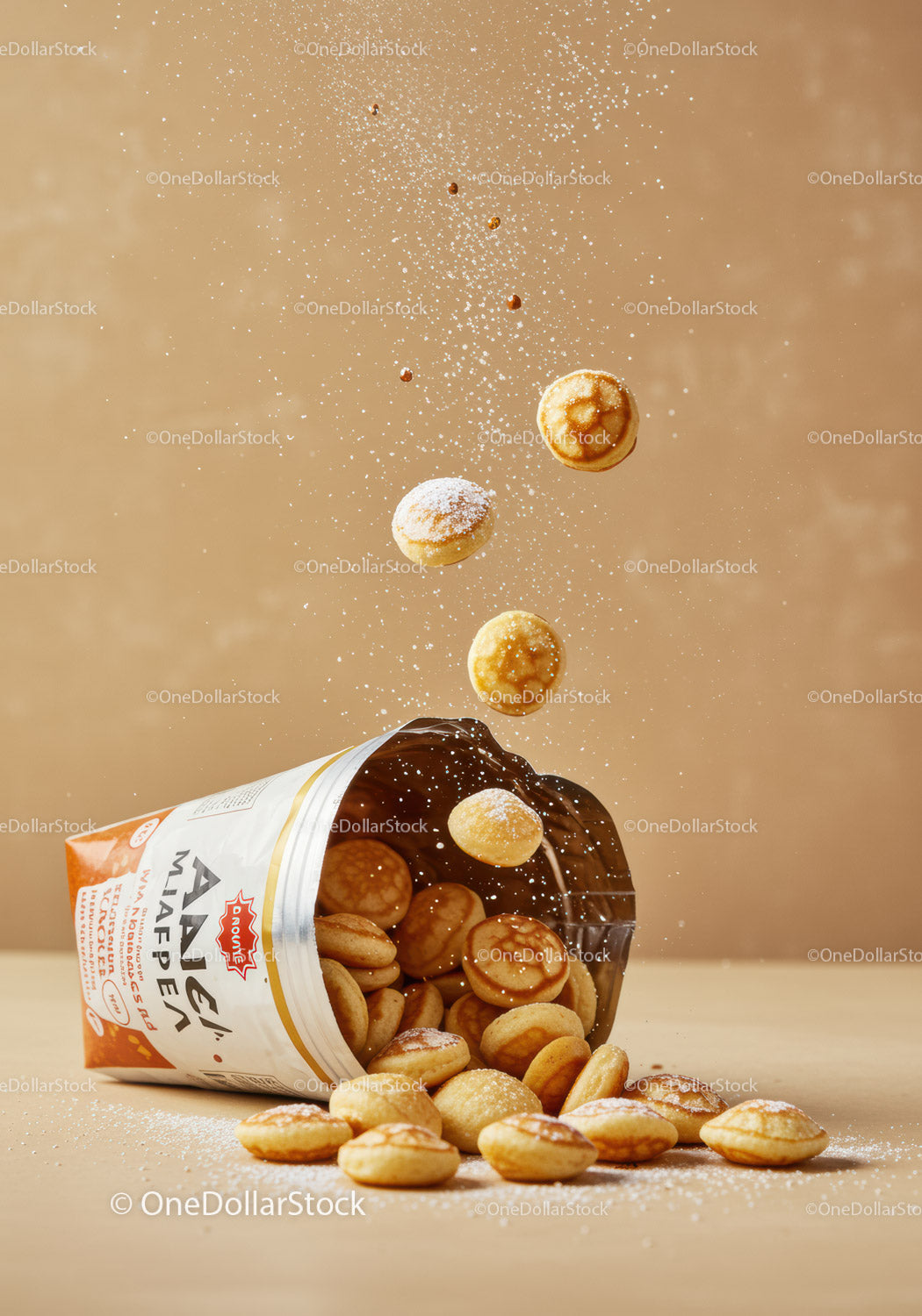 Mini pancake cereal spilling from packaging with sugar dust