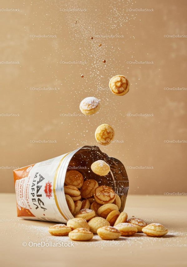 Mini pancake cereal spilling from packaging with sugar dust
