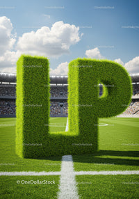Green lawn letters forming LP on soccer field