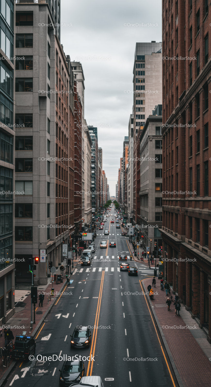 Urban Cityscape with Tall Buildings and Traffic on a Bustling Street