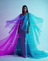 Elegant Woman in Flowing Blue and Purple Tulle Dress
