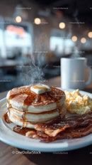 Stack of Fluffy Pancakes with Syrup Bacon and Eggs on Breakfast Plate