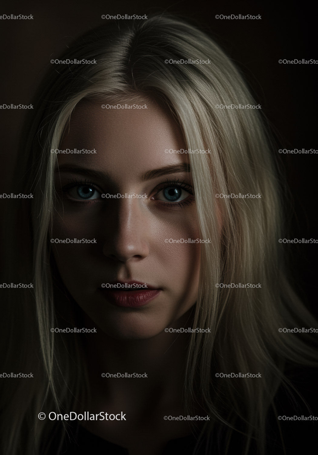 Close-up portrait of young woman with striking blue eyes
