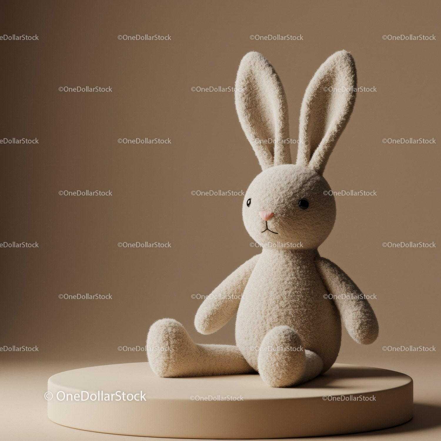Soft Plush Bunny Toy Sitting on Minimalist Pedestal