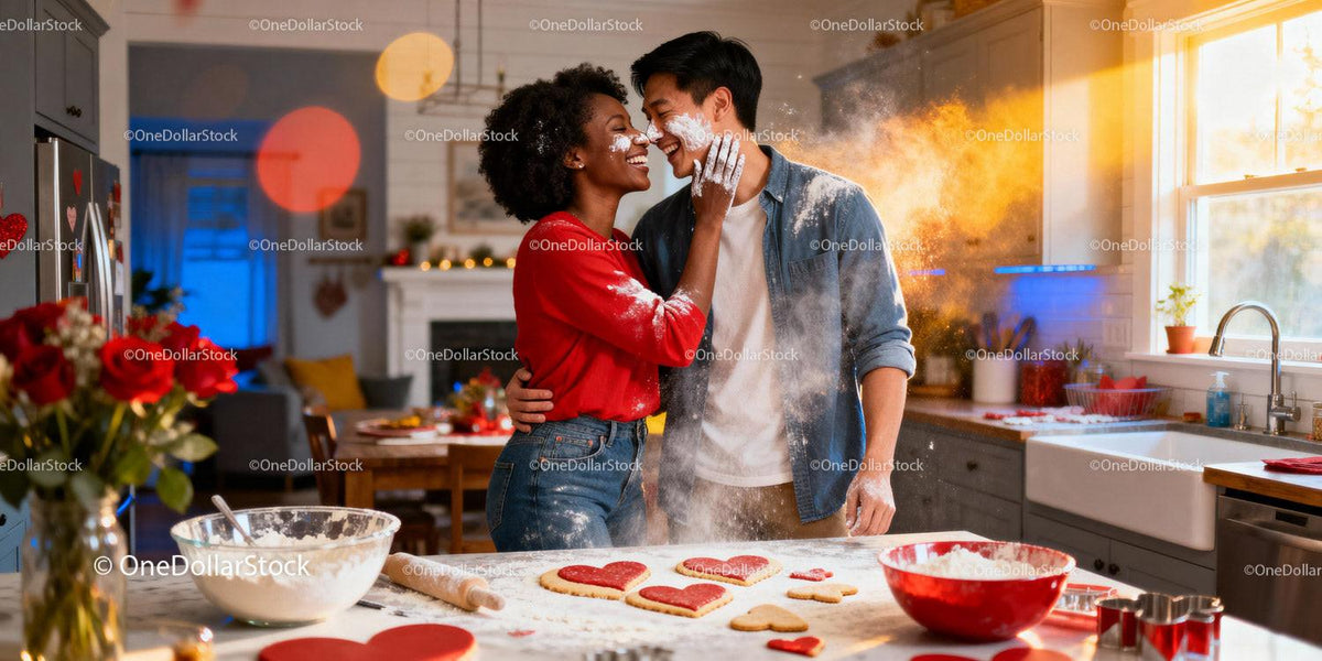 Couple having fun baking heart shaped cookies together
