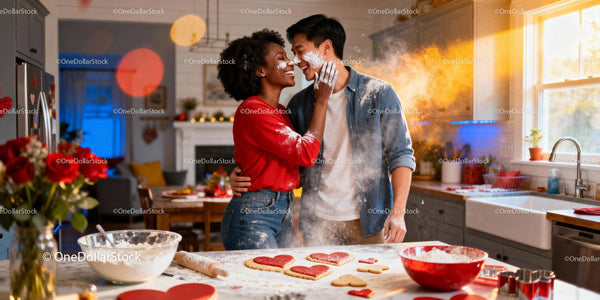 Couple having fun baking heart shaped cookies together