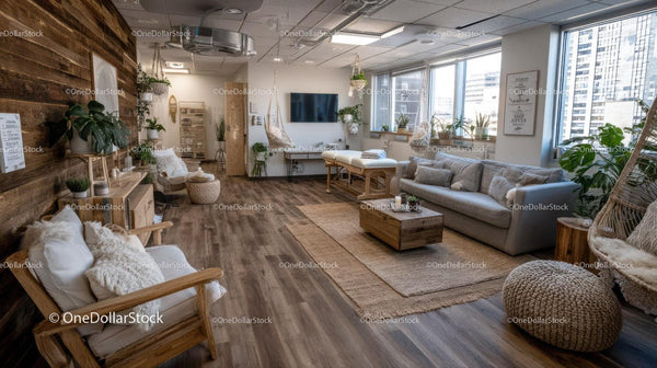 Modern Urban Living Room with Large Windows and Indoor Plants