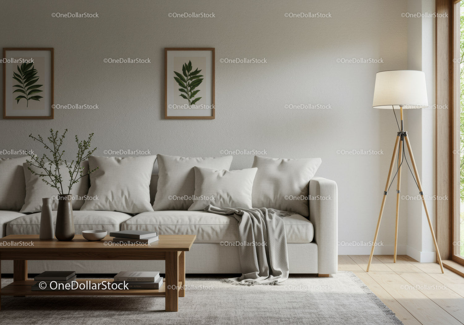 Nowoczesny salon z neutralną sofą i naturalnym wystrojem