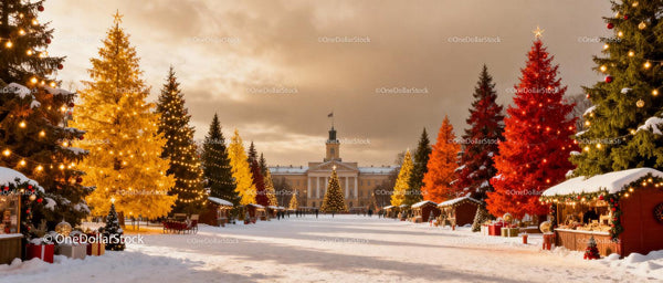 Festive Christmas Market with Colorful Lit Trees