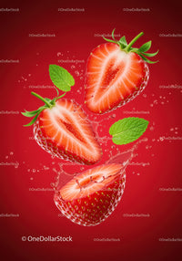 Fresh sliced strawberries with mint leaves and water splash