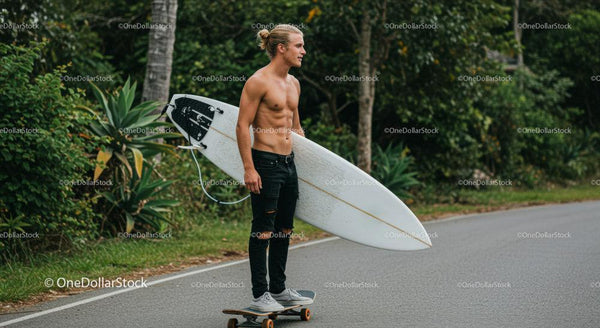 Young Man Surfing and Riding Skateboard on Scenic Road