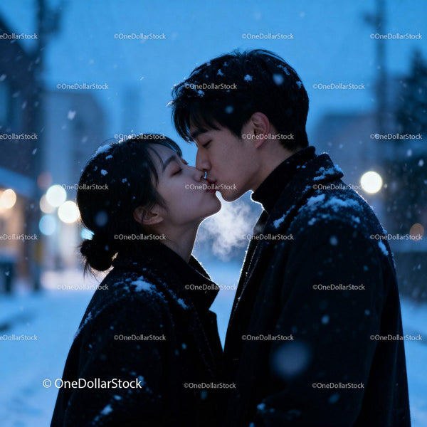 Couple sharing a tender kiss in snowy winter evening