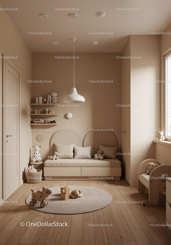 Cozy Neutral Kids Bedroom with Wooden Decor and Toys