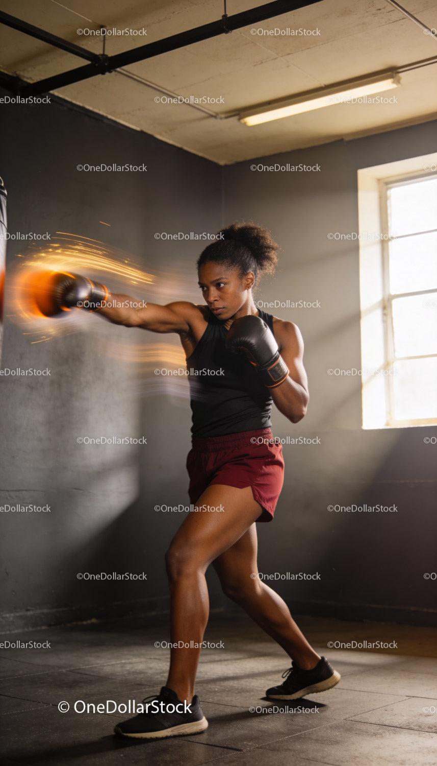 Focused woman training boxing with strong punch motion