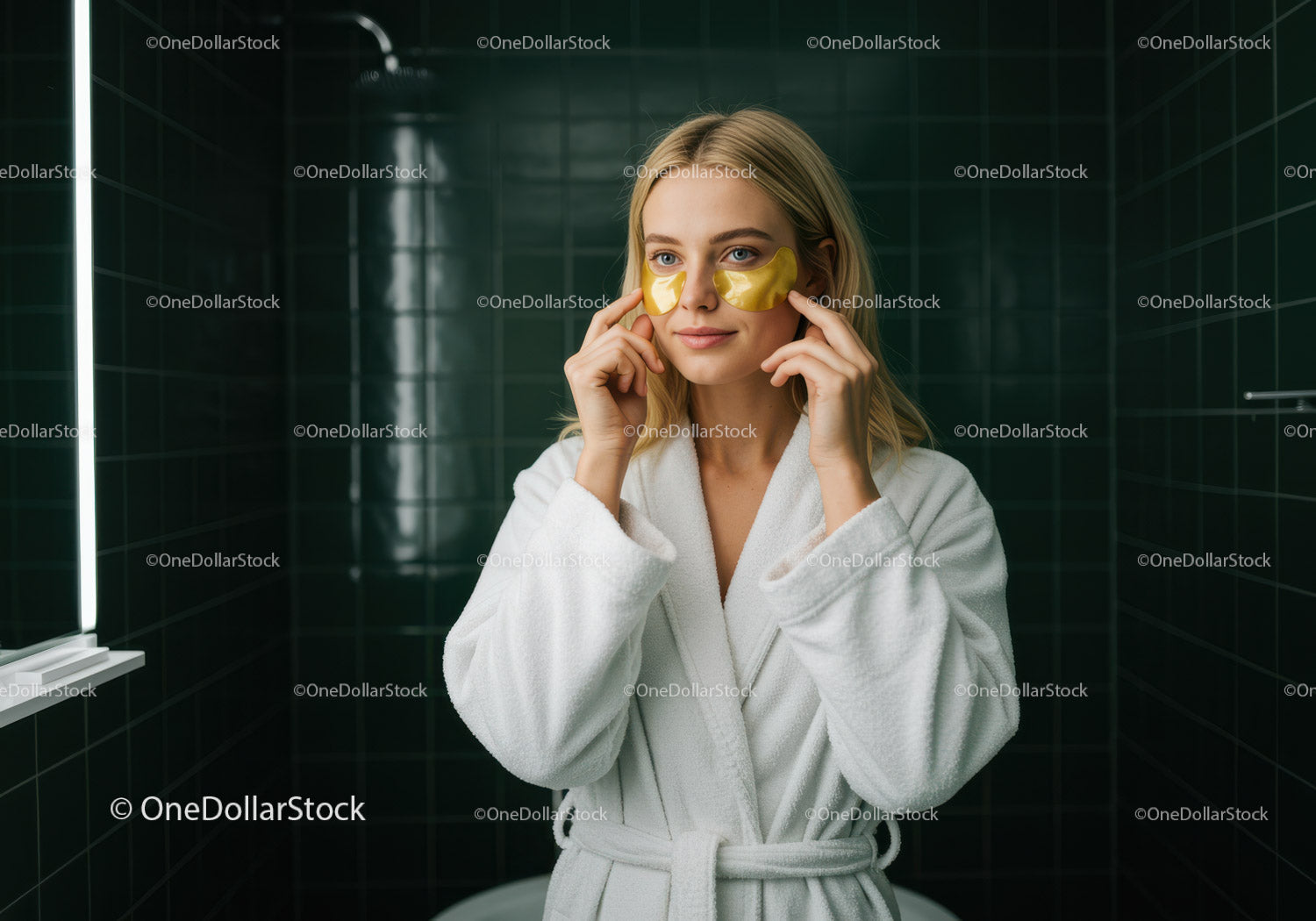 Młoda kobieta w złotych maskach na oczy w salonie spa