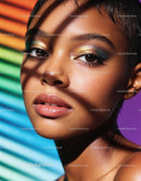 Close-up of woman with colorful eye makeup and shadows