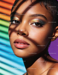 Close-up of woman with colorful eye makeup and shadows