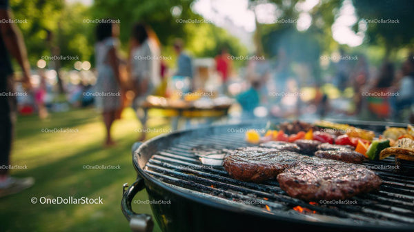 Grill na świeżym powietrzu z grillowanymi stekami i warzywami w letniej scenerii