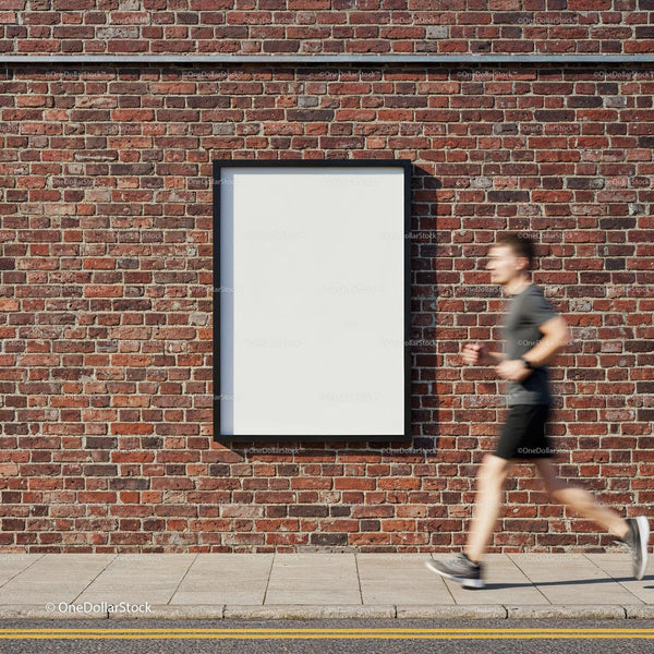 Runner passing by blank frame on brick wall outdoors JPG Mockup Image