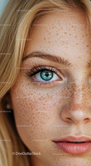 Close up of blue eye and natural freckles on face