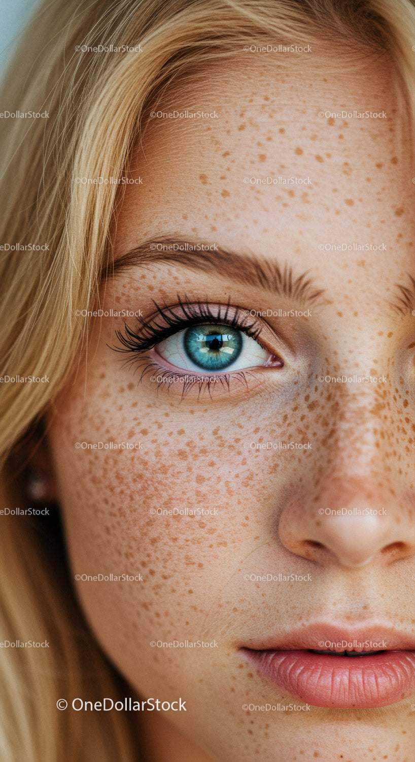 Close up of blue eye and natural freckles on face