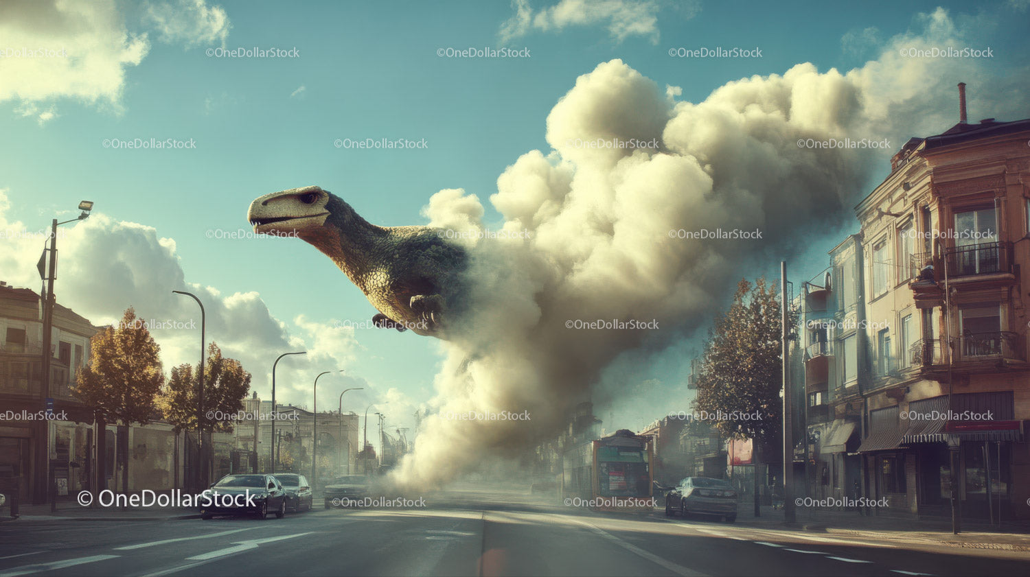 Giant Dinosaur Emerging from Smoke Over City Street