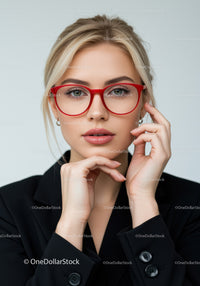 Elegant Woman with Blonde Hair and Red Glasses in Studio Portrait