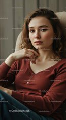 Portrait of a Young Woman in Casual Clothing with Thoughtful Expression