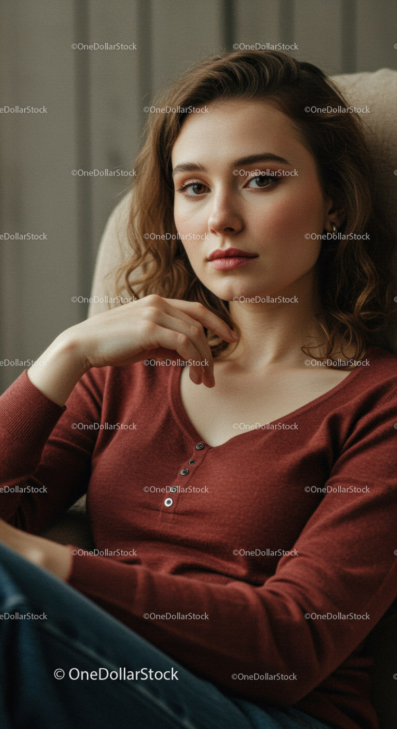 Portret młodej kobiety w swobodnym stroju z zamyślonym wyrazem twarzy