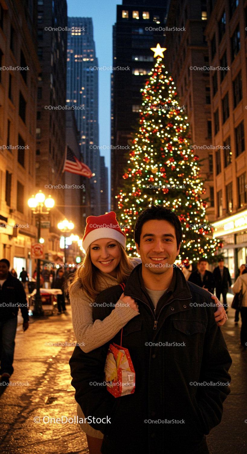 Couple enjoying festive city evening with decorated Christmas tree