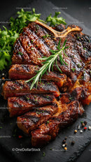 Grilled Beef Ribs with Fresh Green Herbs on Plate
