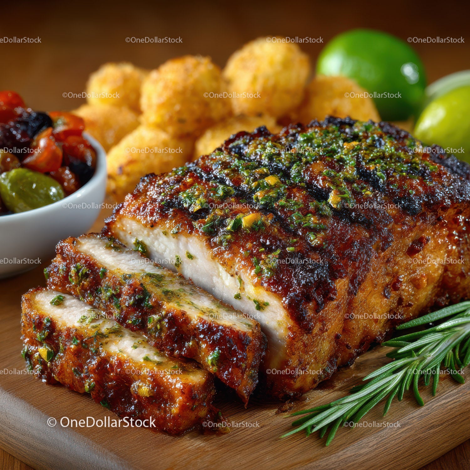 Juicy Grilled Pork Chop with Roasted Potatoes and Lime Garnish