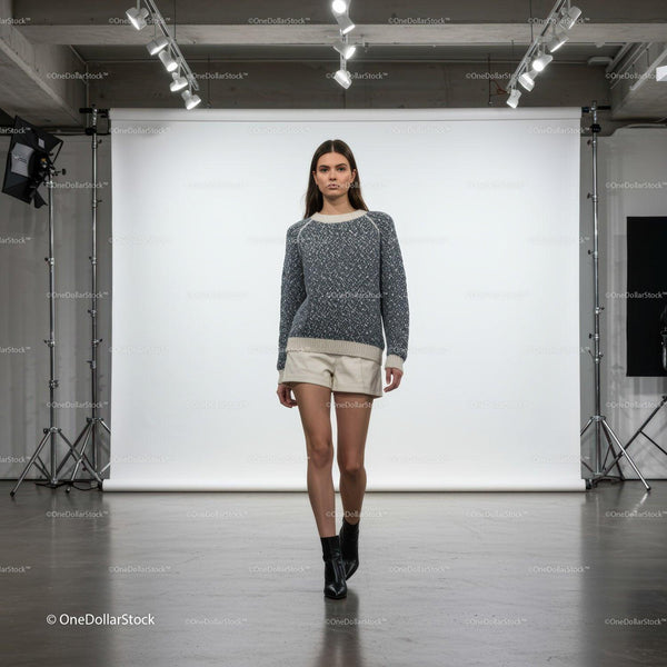 Fashion model walking in studio with casual winter outfit JPG Mockup Image