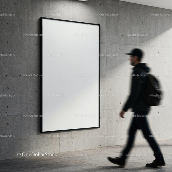Man walking past blank poster on concrete wall JPG Mockup Image