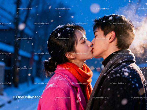 Young couple sharing a tender kiss in snowy winter evening