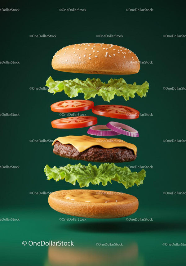 Deconstructed cheeseburger ingredients floating on green background