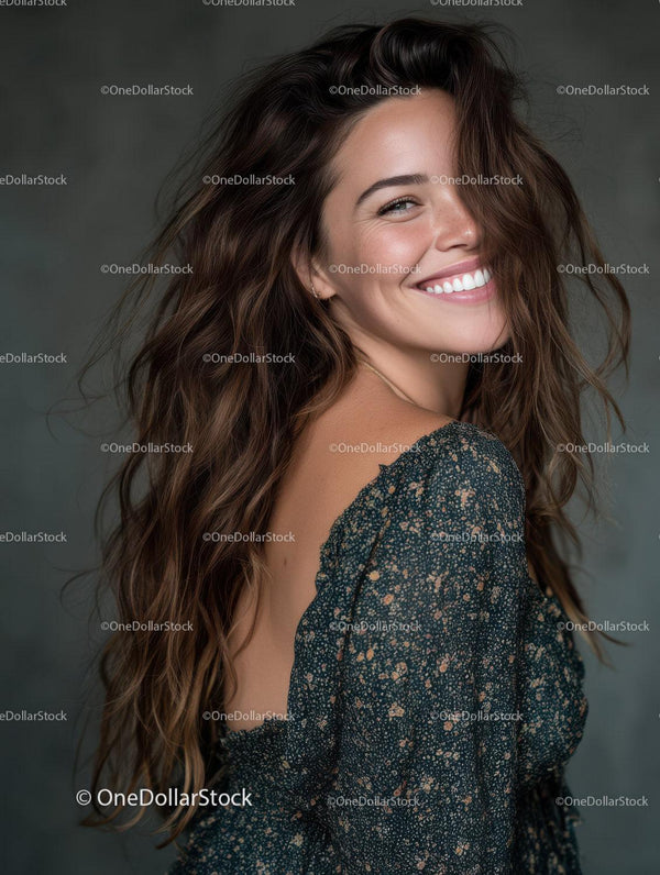 Joyful Woman with Long Wavy Hair Smiling in Studio Portrait