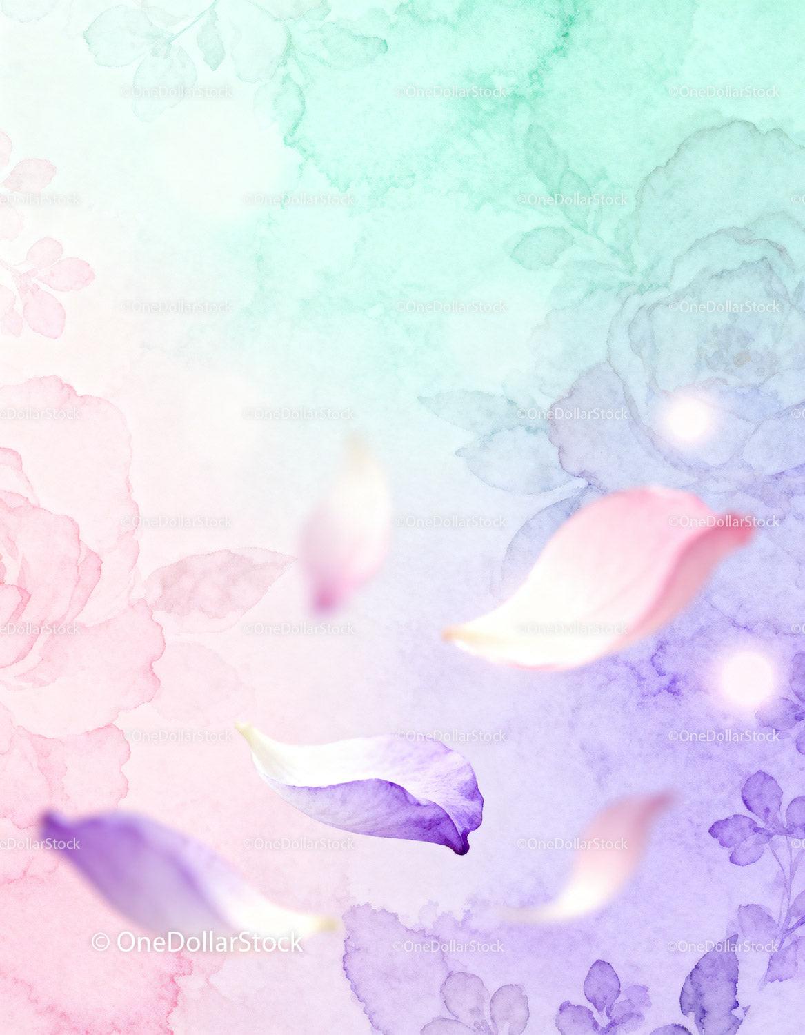 Soft pastel petals floating over floral watercolor background