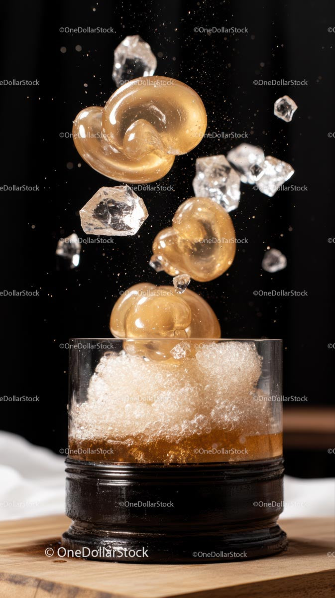 Dynamic Splash of Caramel Candies and Ice Cubes with Food Glass